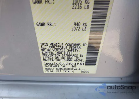 2013 Nissan Altima 2.5 Sv z USA, uszkodzony, nr VIN 1N4AL3AP2DC265098